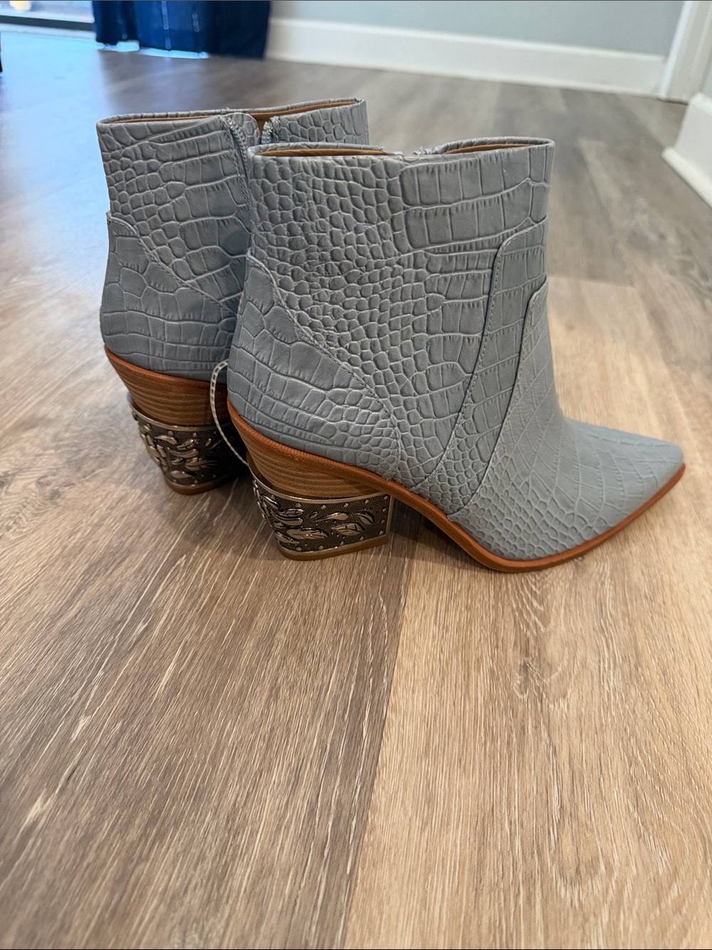 Gianni Bini Gray Croc-Embossed Ankle Booties with Decorative Block Heel - Picture 2 of 10